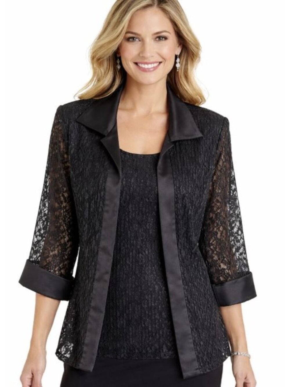 R&M Richards 16W  Black Lace Jacket Shell With Satin Trim Cuffed Sleeves